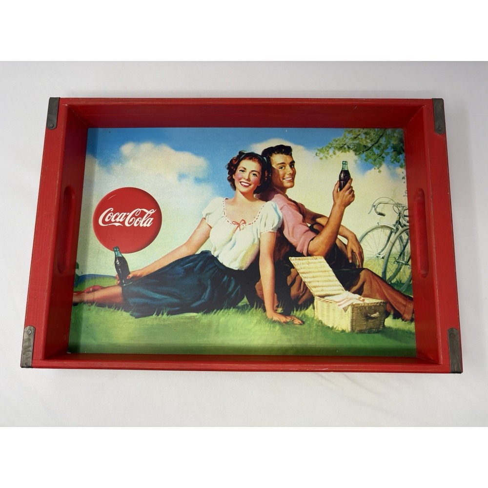 Vintage Coca Cola Wooden Serving Tray Handles 18" x 12" x 2.5" Couple Picnic Red